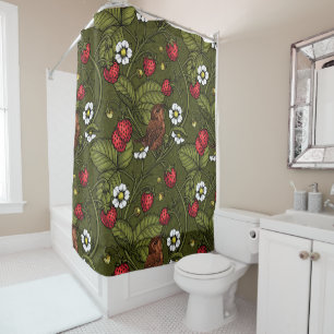 Wrens and strawberries on dark green shower curtain