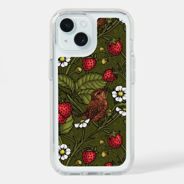 Wrens and strawberries on dark green speck iPhone case (Front (Blue))
