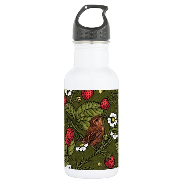 Wrens and strawberries on dark green stainless steel water bottle (Front)