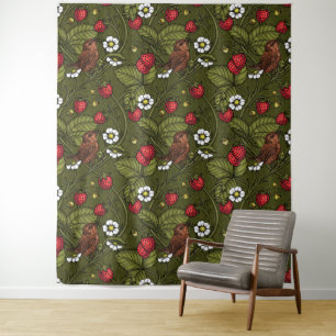 Wrens and strawberries on dark green tapestry