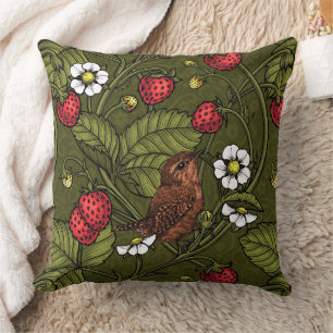 Wrens and strawberries on dark green throw pillow