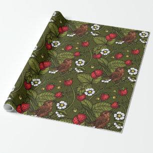 Wrens and strawberries on dark green wrapping paper