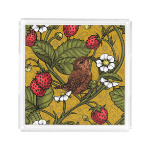 Wrens and strawberries on mustrard acrylic tray