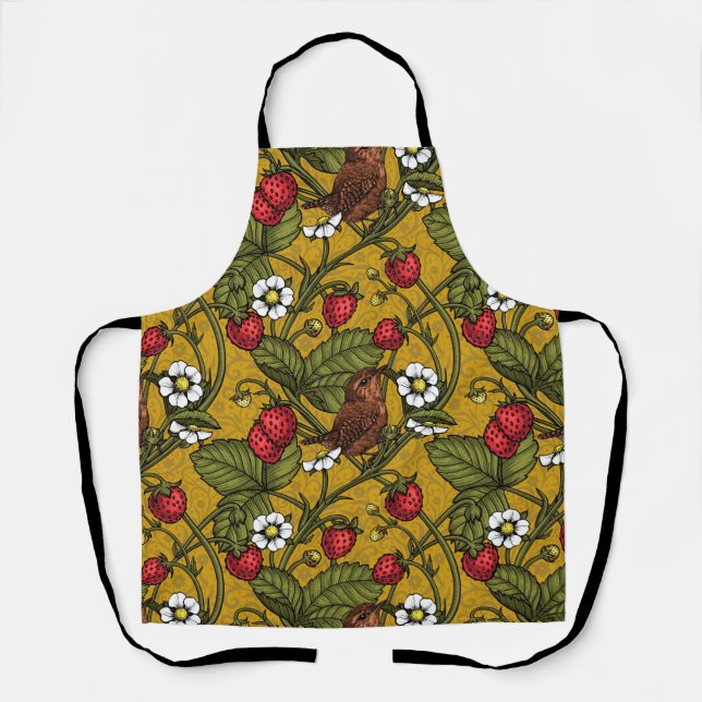 Wrens and strawberries on mustrard apron (Front)