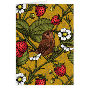 Wrens and strawberries on mustrard cards