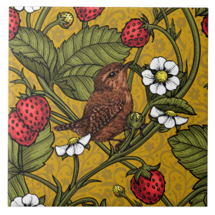 Wrens and strawberries on mustrard ceramic tile