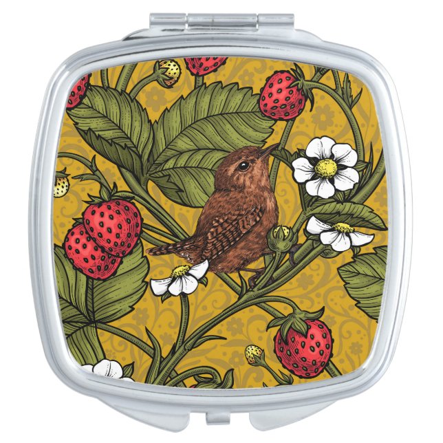 Wrens and strawberries on mustrard compact mirror (Front)