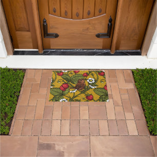 Wrens and strawberries on mustrard doormat
