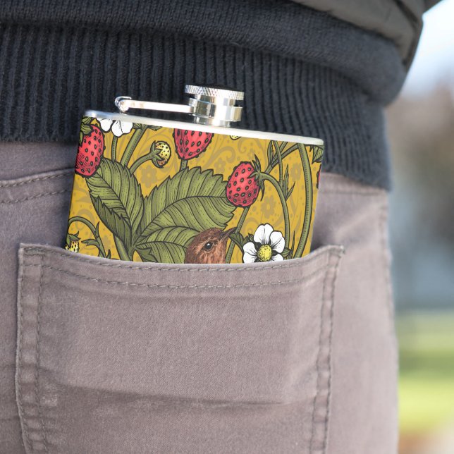 Wrens and strawberries on mustrard flask (In Situ)