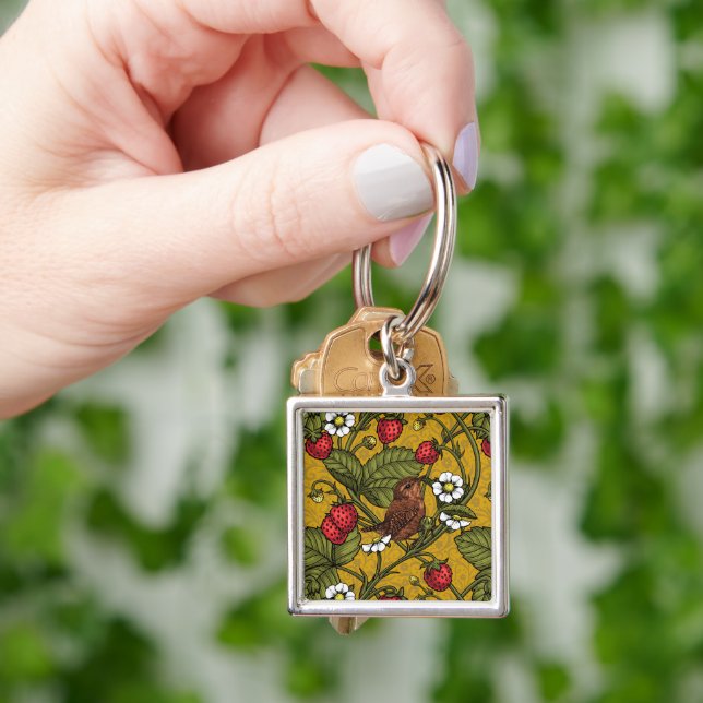 Wrens and strawberries on mustrard keychain (Hand)