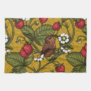 Wrens and strawberries on mustrard kitchen towel