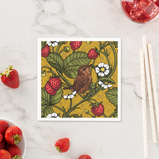 Wrens and strawberries on mustrard napkins (Insitu)