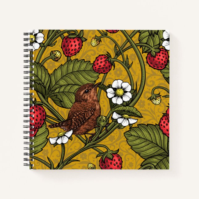 Wrens and strawberries on mustrard notebook (Front)