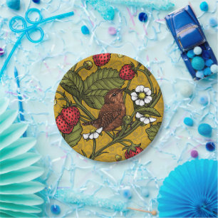 Wrens and strawberries on mustrard paper plates