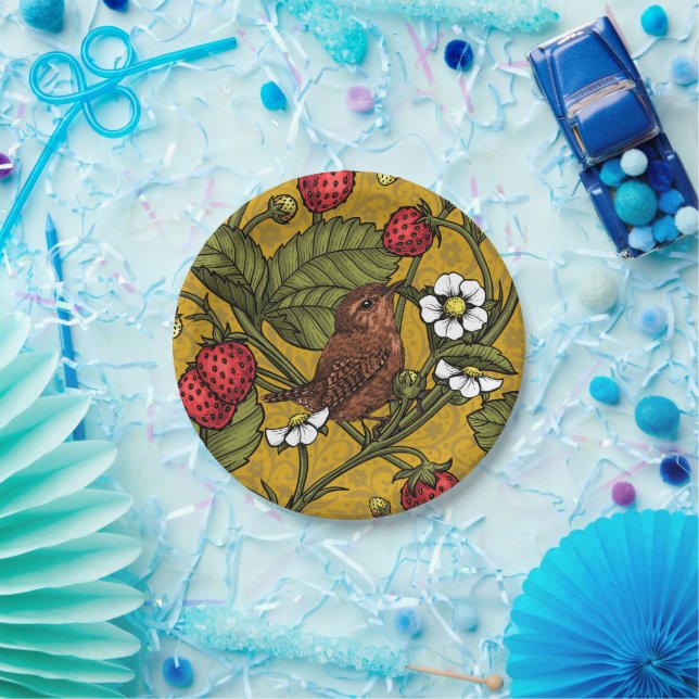 Wrens and strawberries on mustrard paper plates (Party)