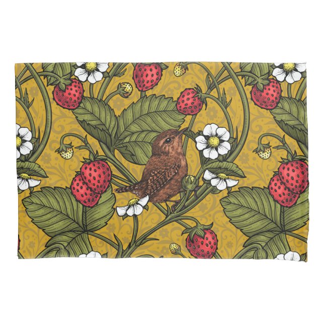 Wrens and strawberries on mustrard pillow case (Front-Left)