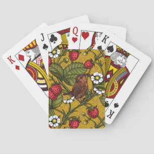 Wrens and strawberries on mustrard poker cards