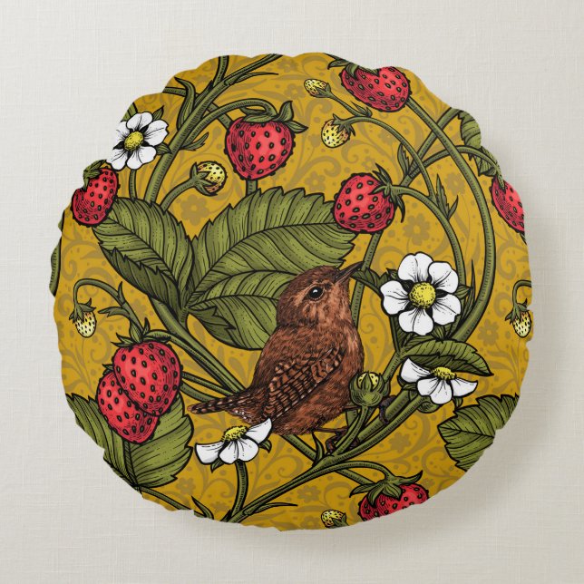 Wrens and strawberries on mustrard round pillow (Front)