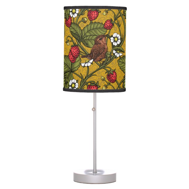 Wrens and strawberries on mustrard table lamp (Front)