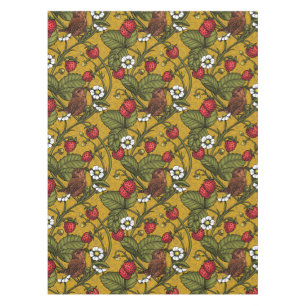 Wrens and strawberries on mustrard tablecloth
