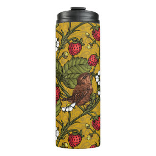 Wrens and strawberries on mustrard thermal tumbler