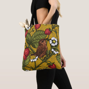 Wrens and strawberries on mustrard tote bag