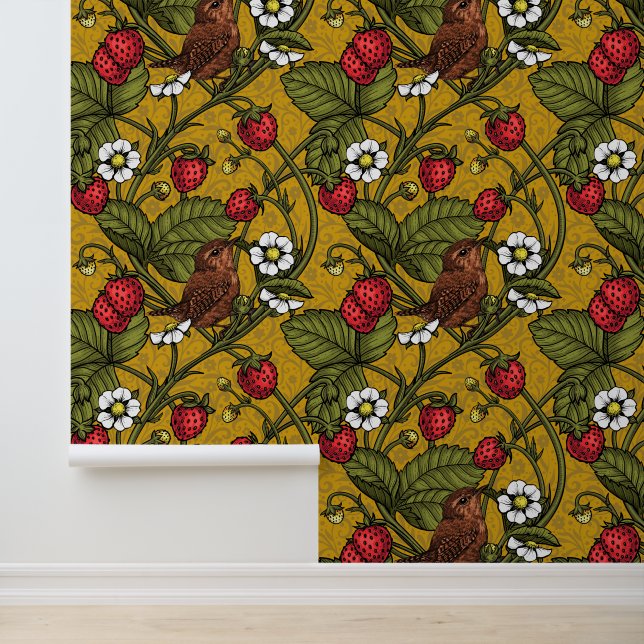 Wrens and strawberries on mustrard wallpaper  (Application)