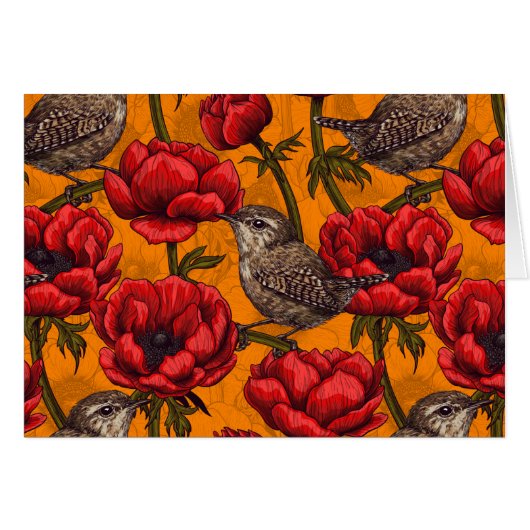 Wrens in a red anemone garden (Front Horizontal)
