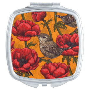 Wrens in a red anemone garden compact mirror