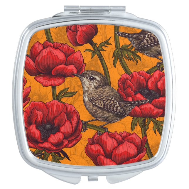 Wrens in a red anemone garden compact mirror (Front)