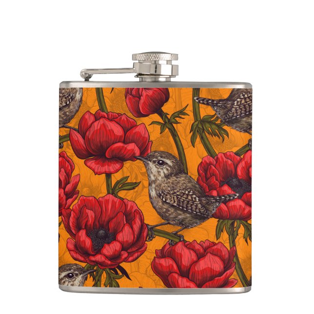 Wrens in a red anemone garden flask (Front)