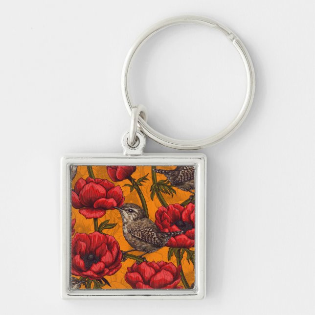 Wrens in a red anemone garden keychain (Front)
