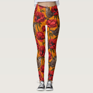 Wrens in a red anemone garden leggings