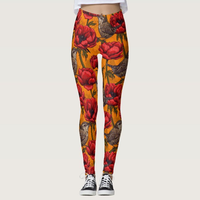 Wrens in a red anemone garden leggings (Front)