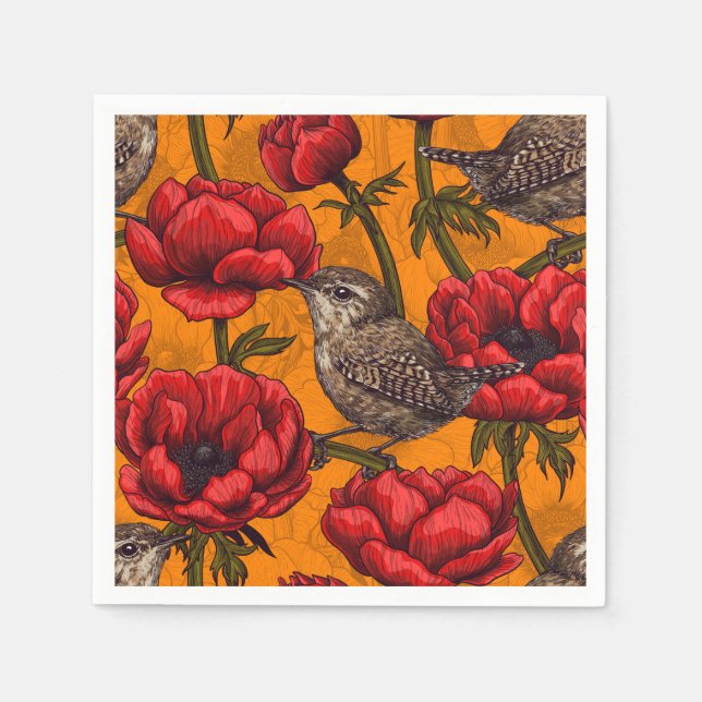 Wrens in a red anemone garden napkins (Front)