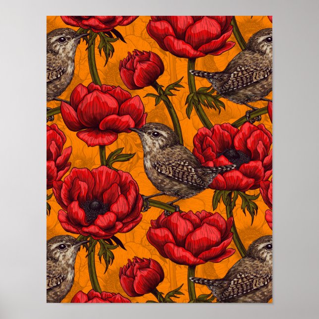 Wrens in a red anemone garden poster (Front)