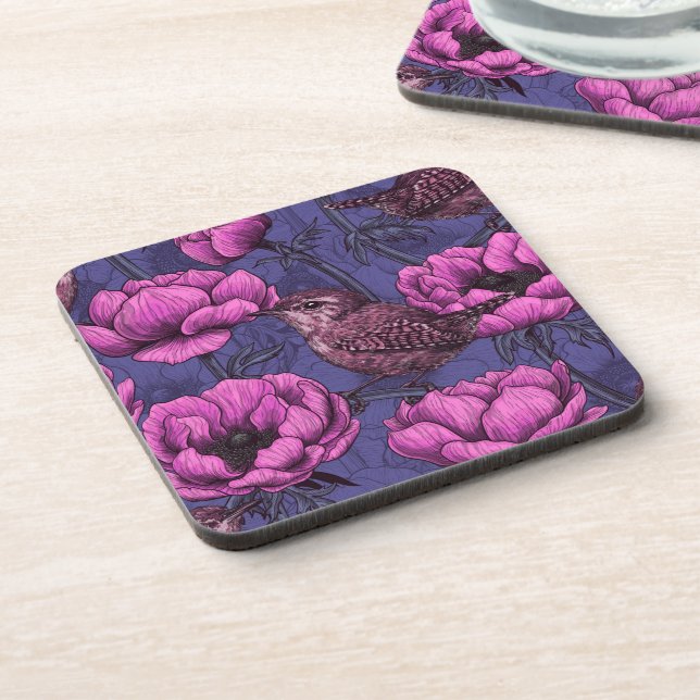 Wrens in the anemone garden beverage coaster (Left Side)