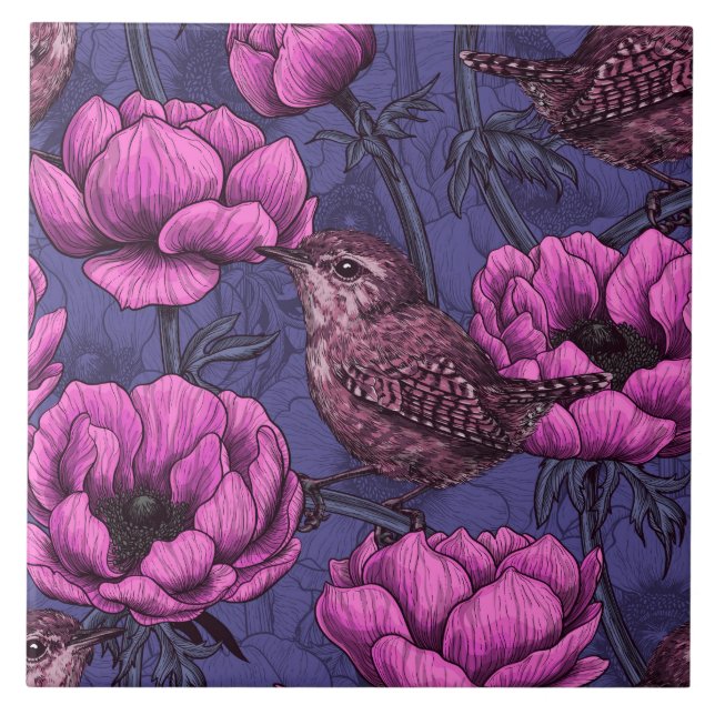 Wrens in the anemone garden ceramic tile (Front)
