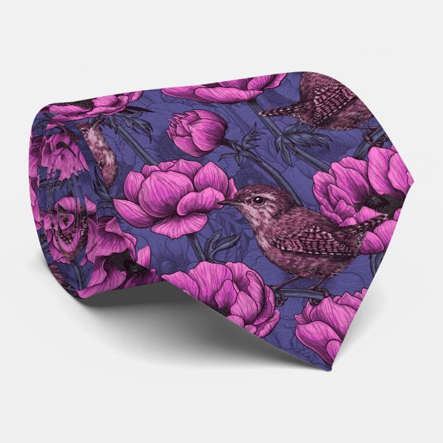 Wrens in the anemone garden neck tie (Rolled)