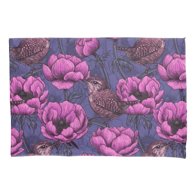 Wrens in the anemone garden pillow case (Front)
