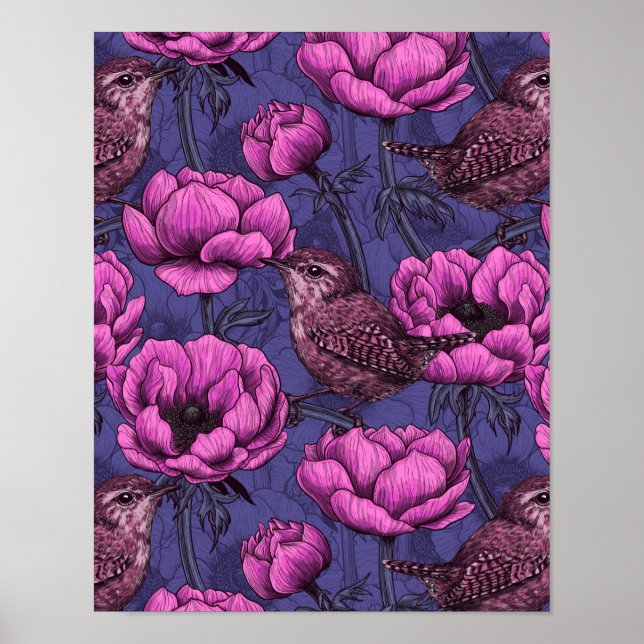 Wrens in the anemone garden poster (Front)