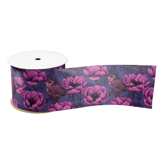 Wrens in the anemone garden satin ribbon (Spool)