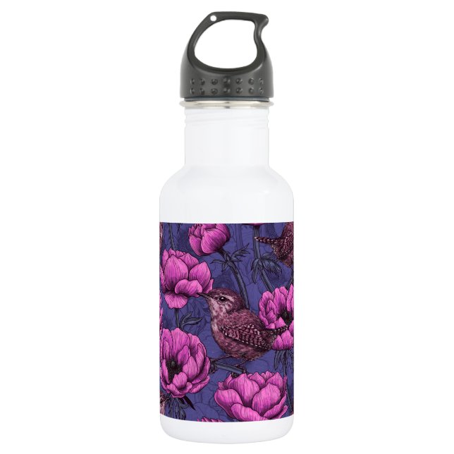Wrens in the anemone garden stainless steel water bottle (Front)