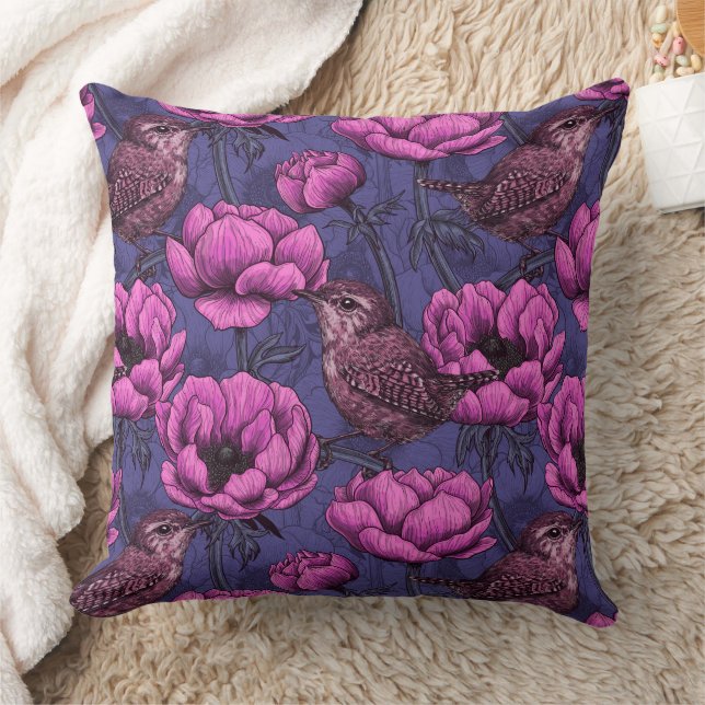 Wrens in the anemone garden throw pillow (Blanket)