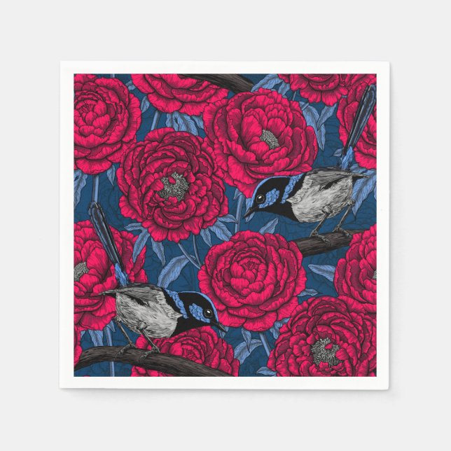 Wrens in the peonies napkins (Front)