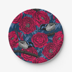 Wrens in the peonies paper plates