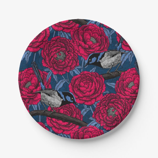 Wrens in the peonies paper plates (Front)