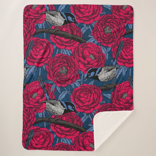 Wrens in the peonies sherpa blanket (Front)