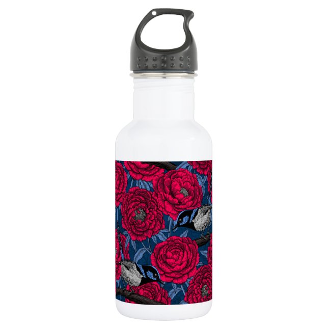 Wrens in the peonies stainless steel water bottle (Front)