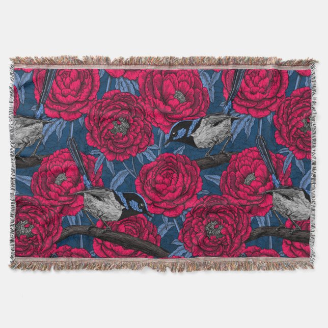 Wrens in the peonies throw blanket (Front)